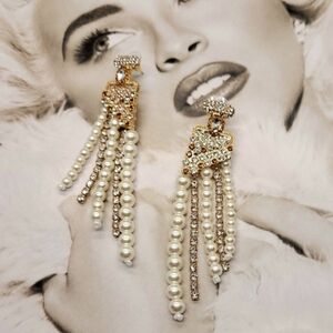 Vintage Estate Glamourous Pearl & Champagne Crystal Gold Tassel Earrings